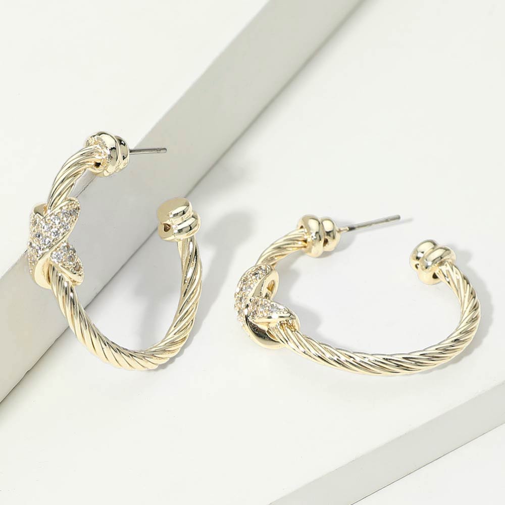 14K Gold CZ Pave Crisscross Twisted Cable Hoop Earrings