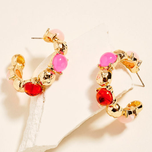 2 Round Bead Accent Chunky Hoop Statement Earrings