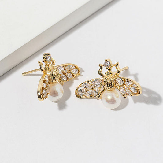 1 Gold Dipped Pearl Accent CZ Stone Paved Bee Stud Earrings