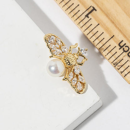 1 Gold Dipped Pearl Accent CZ Stone Paved Bee Stud Earrings