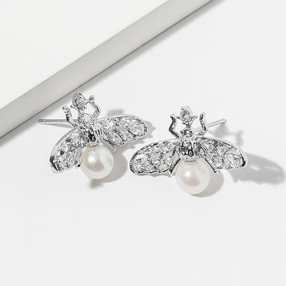 1 Gold Dipped Pearl Accent CZ Stone Paved Bee Stud Earrings