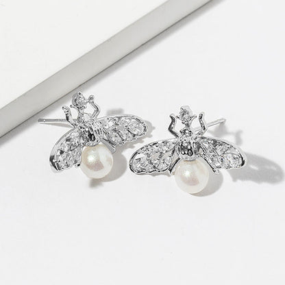 1 Gold Dipped Pearl Accent CZ Stone Paved Bee Stud Earrings