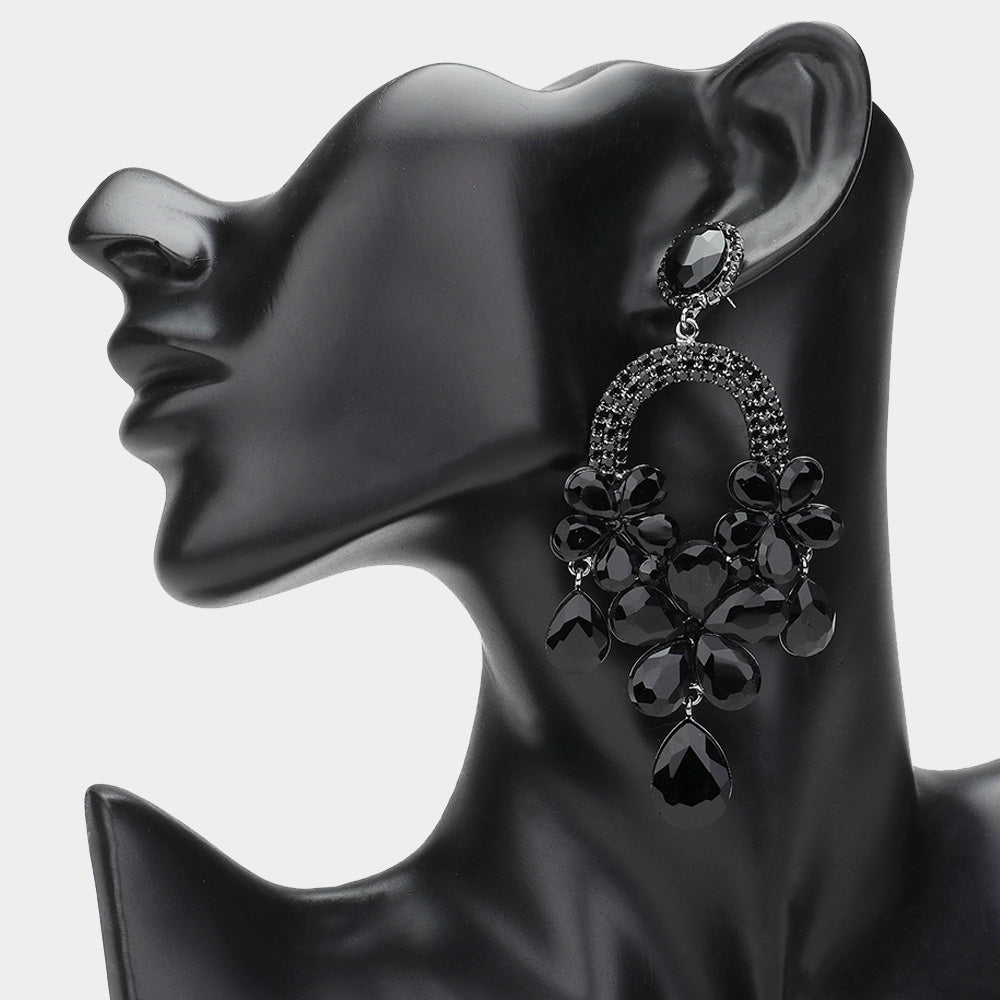2 Flower Teardrop Stone Embellished Chandelier Dangle Earrings
