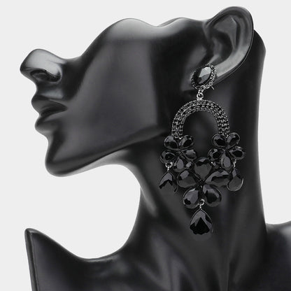 2 Flower Teardrop Stone Embellished Chandelier Dangle Earrings