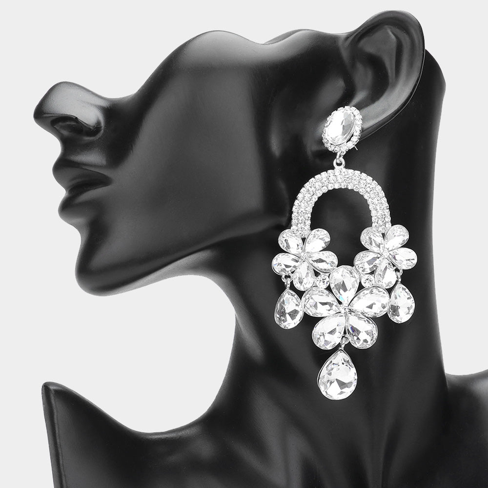 2 Flower Teardrop Stone Embellished Chandelier Dangle Earrings