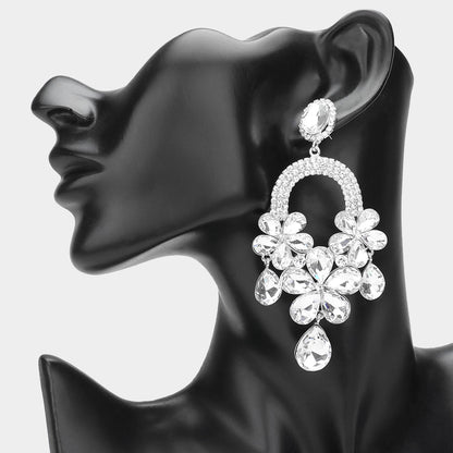 2 Flower Teardrop Stone Embellished Chandelier Dangle Earrings