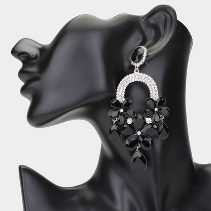 2 Flower Teardrop Stone Embellished Chandelier Dangle Earrings