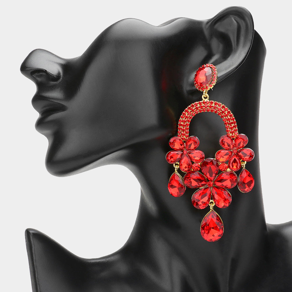 2 Flower Teardrop Stone Embellished Chandelier Dangle Earrings