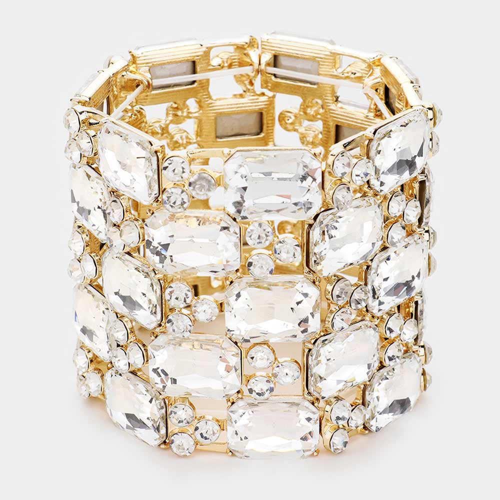 2 Emerald Cut Crystal Embellished Stretch Bracelet