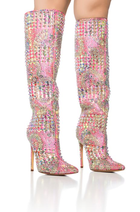 AZALEA WANG Pink Floral Embroidered Brocade Rhinestone Boots