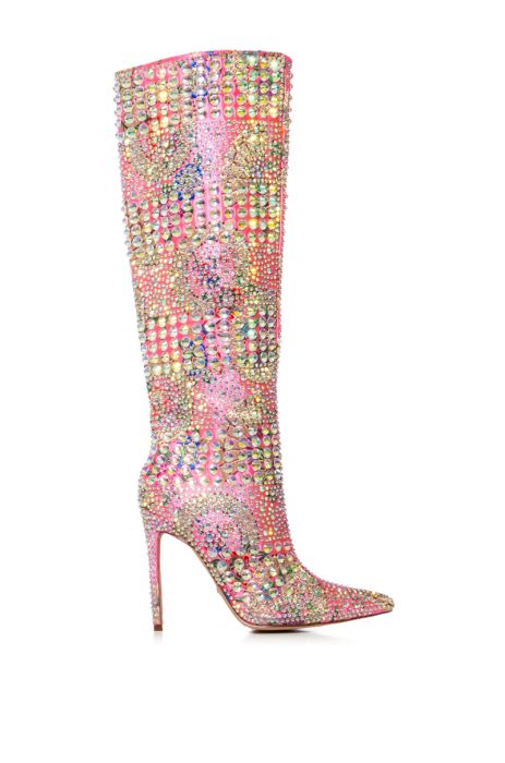 AZALEA WANG Pink Floral Embroidered Brocade Rhinestone Boots