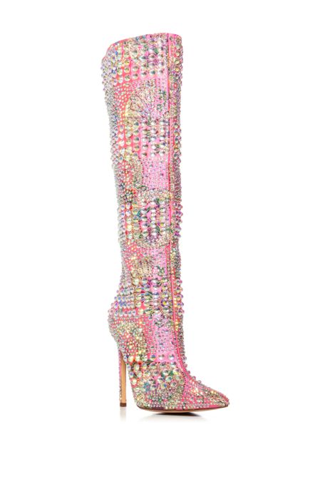 AZALEA WANG Pink Floral Embroidered Brocade Rhinestone Boots