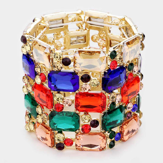 2 Emerald Cut Crystal Embellished Stretch Bracelet