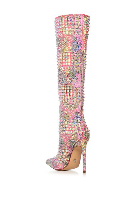 AZALEA WANG Pink Floral Embroidered Brocade Rhinestone Boots