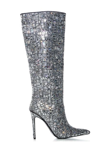 AZALEA WANG Black & Silver Embellished Rhinestones Knee High Boot