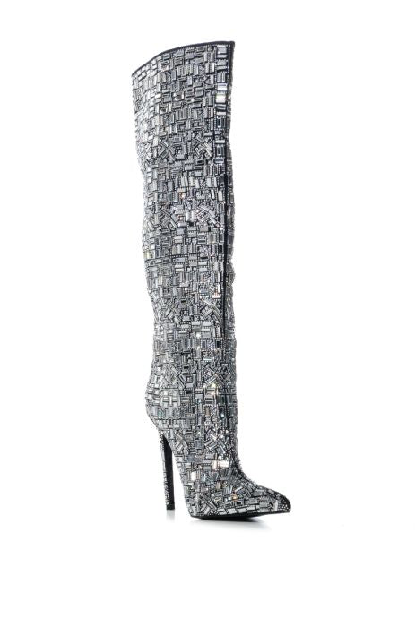 AZALEA WANG Black & Silver Embellished Rhinestones Knee High Boot