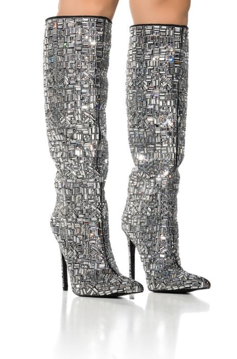 AZALEA WANG Black & Silver Embellished Rhinestones Knee High Boot