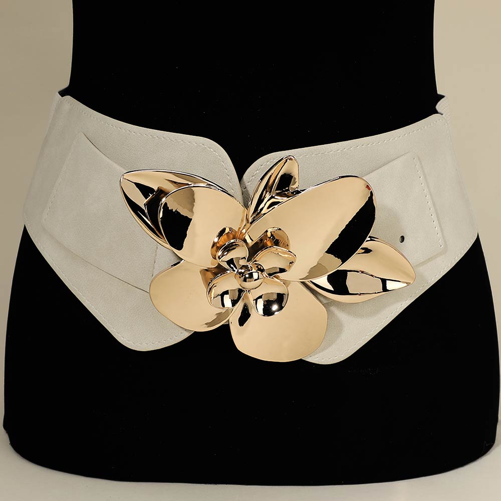 Metal Floral Buckle Accent Wide Elastic Corset Belt
