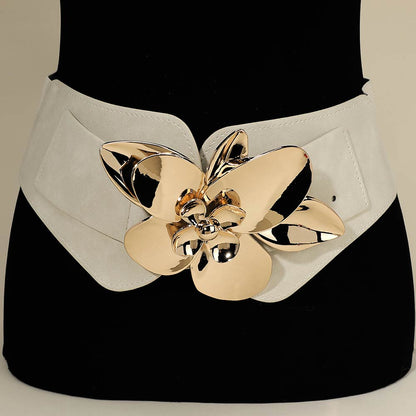 Metal Floral Buckle Accent Wide Elastic Corset Belt