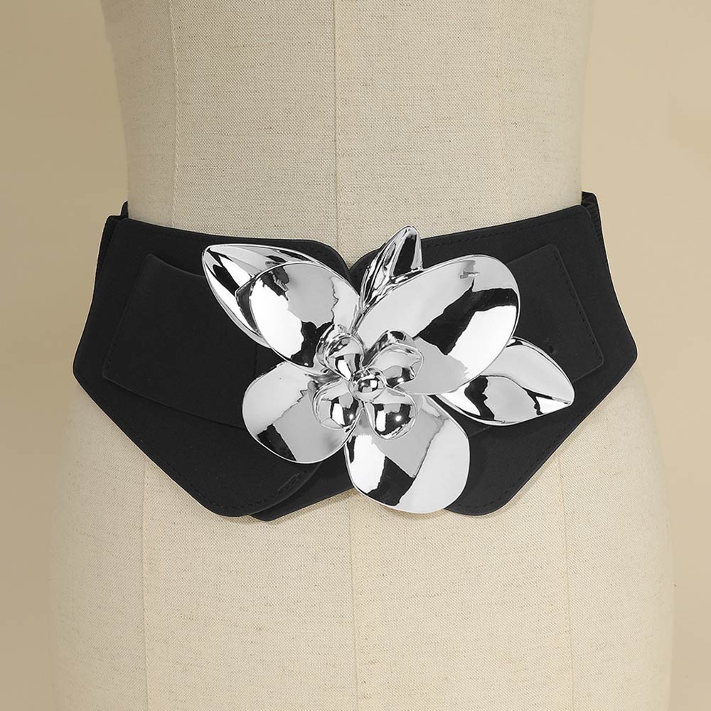 Metal Floral Buckle Accent Wide Elastic Corset Belt