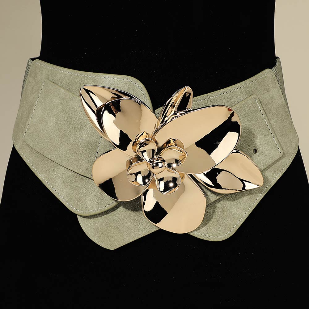 Metal Floral Buckle Accent Wide Elastic Corset Belt