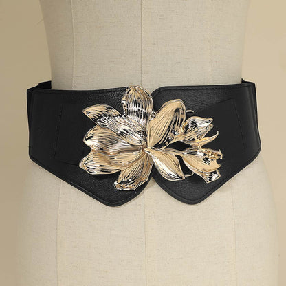 Metal Floral Buckle Accent Wide Elastic Corset Belt