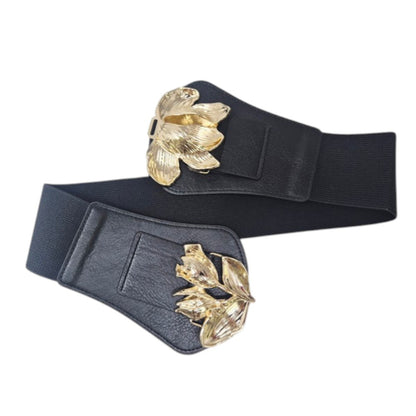Metal Floral Buckle Accent Wide Elastic Corset Belt