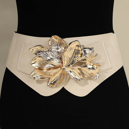 Metal Floral Buckle Accent Wide Elastic Corset Belt