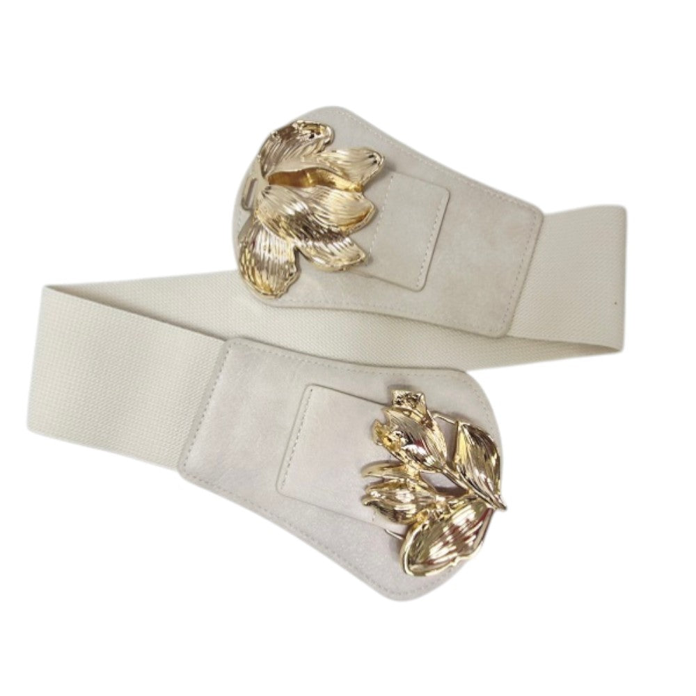 Metal Floral Buckle Accent Wide Elastic Corset Belt