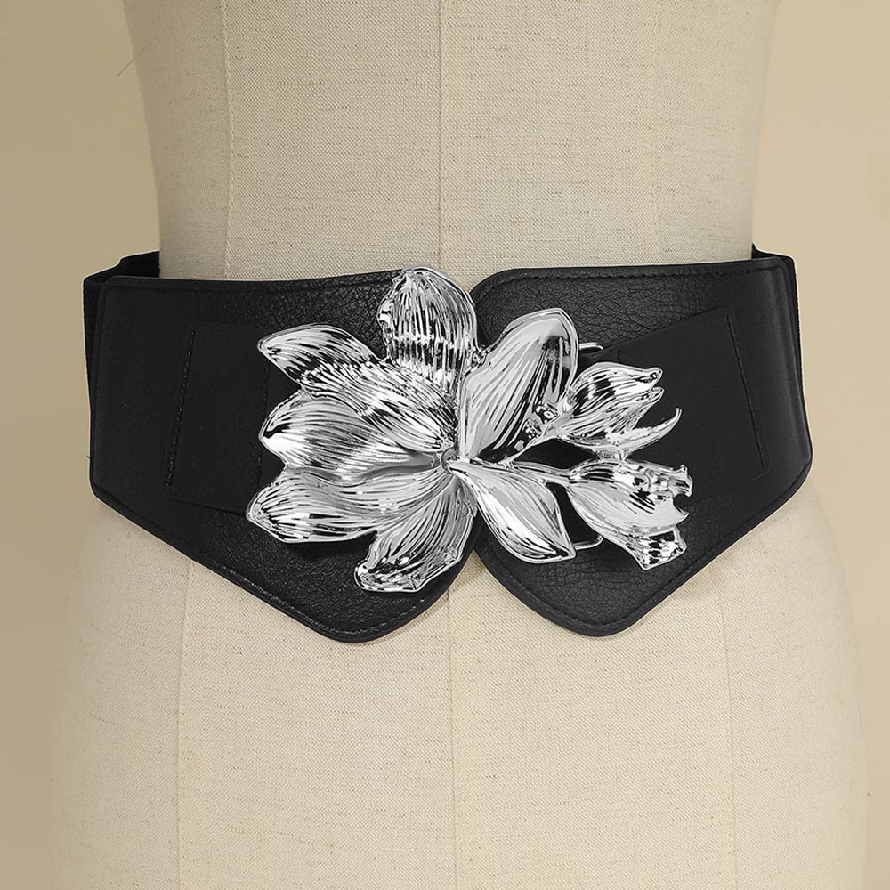 Metal Floral Buckle Accent Wide Elastic Corset Belt