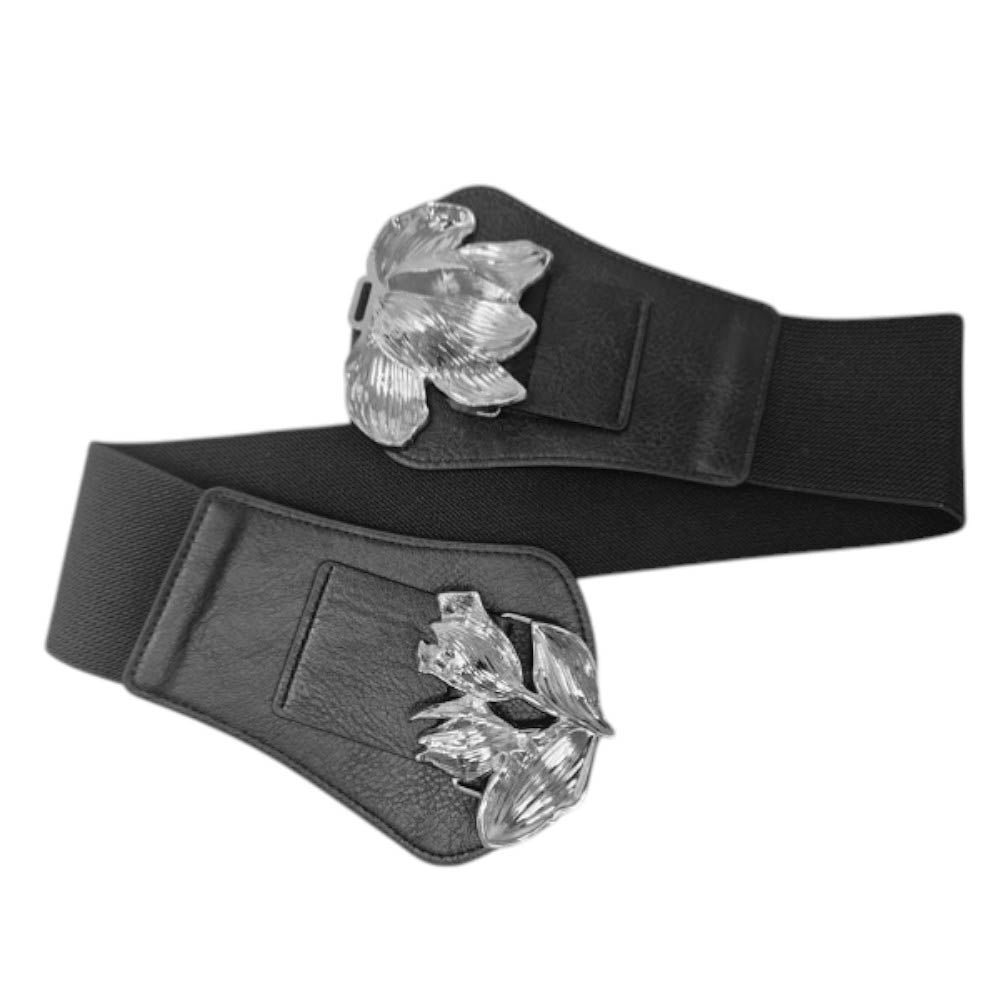 Metal Floral Buckle Accent Wide Elastic Corset Belt