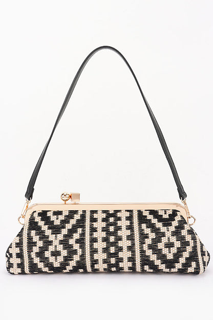 4 Kiss Lock Convertible Faux Straw Clutch Shoulder Bag