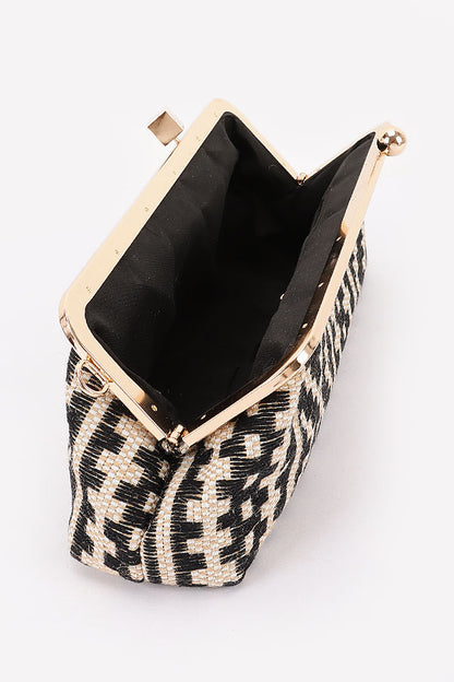 4 Kiss Lock Convertible Faux Straw Clutch Shoulder Bag