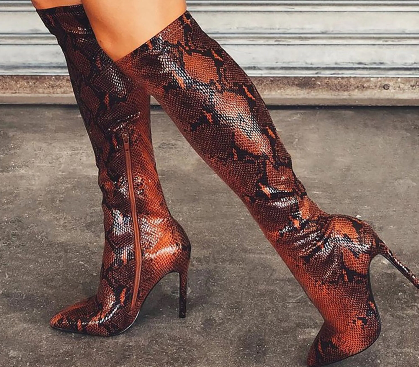 Vegan Leather Stretch Snakeskin Knee High Boots