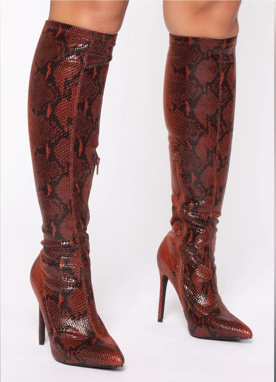 Vegan Leather Stretch Snakeskin Knee High Boots