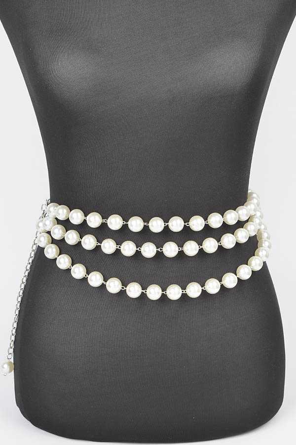 Pearl belt with multiple layers on a mannequin against a gray background