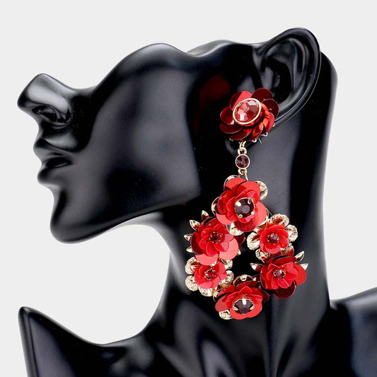 Elegant Red Sequin Flower Dangle Earrings