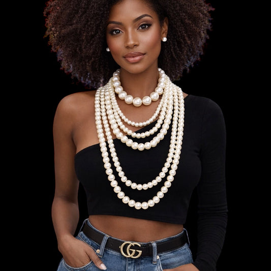 1 Cream Pearl Multi Layered Long Statement Necklace