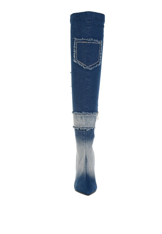 Eilish Rhinestones Knee High Denim Boots